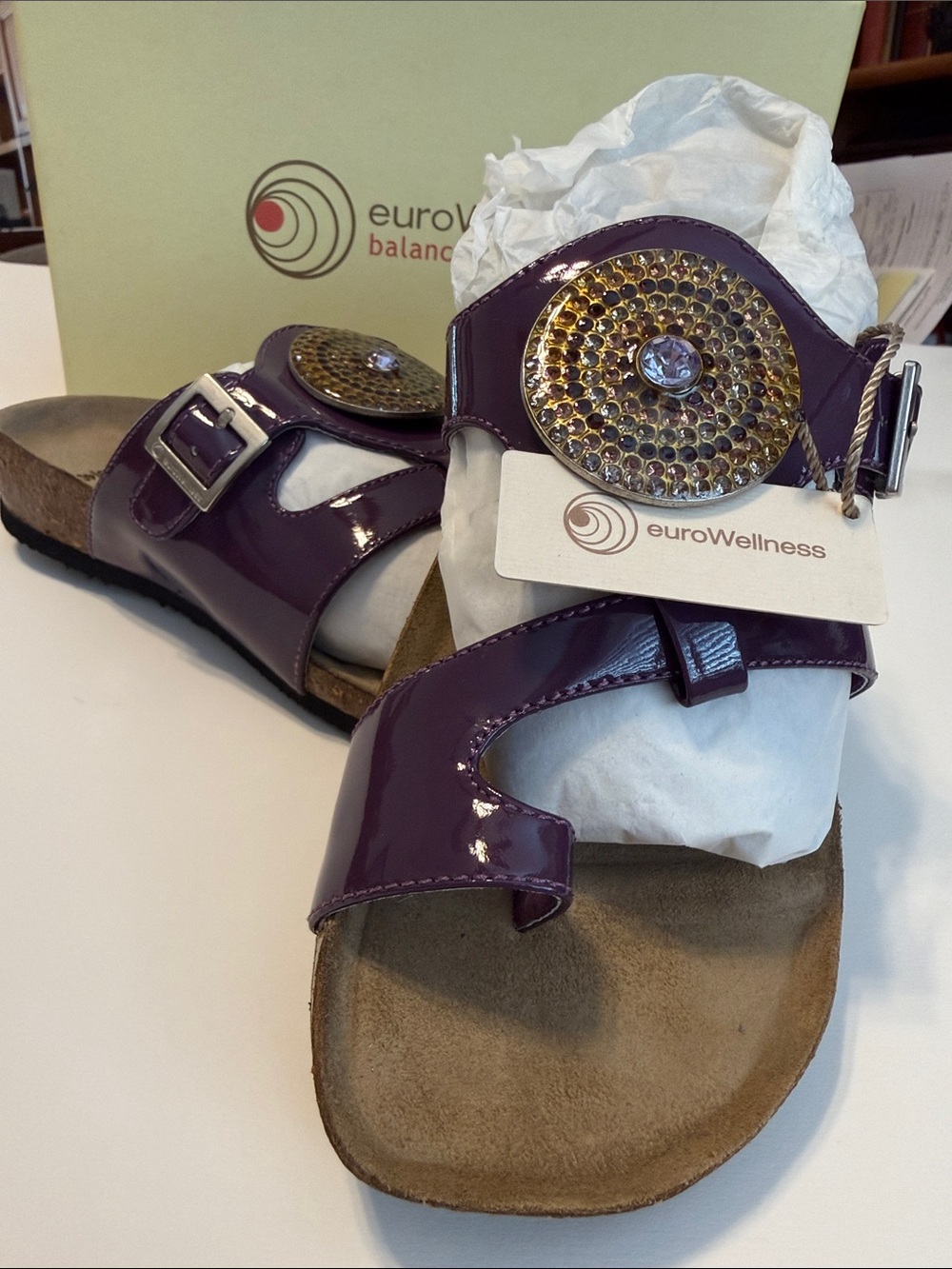 euro wellness Women's Purple Patent Slide Sandals with Gold Medallion